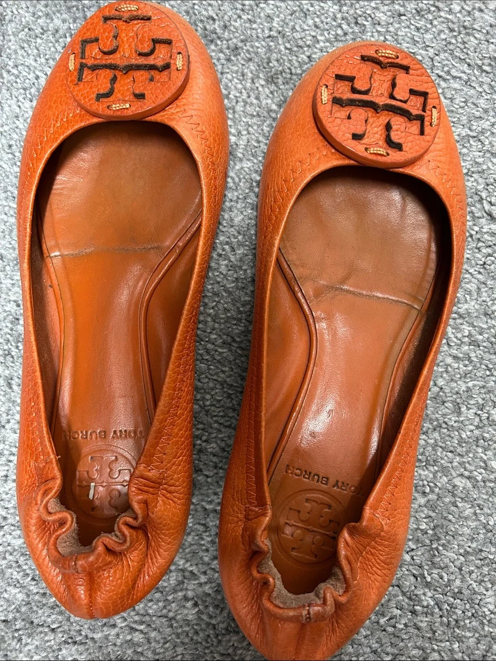 Tory Burch Bright Orange Leather Logo Ballet Flats
